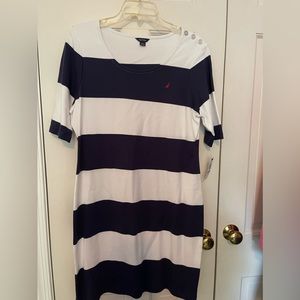 NWT Sz L navy/white cotton machine washable Nautical dress